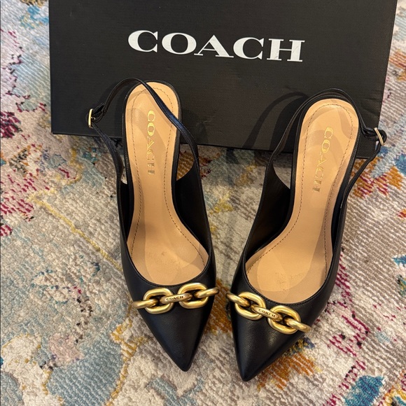 Coach Black Slingback Pumps with Gold Chain Accent - Picture 1 of 9